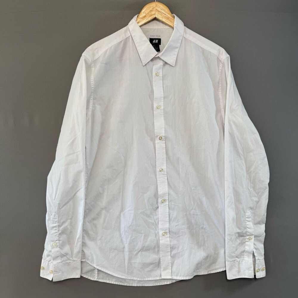 H&M White Men’s Button Down Shirt Size Large Easy Iron Cotton Polyester Blend
